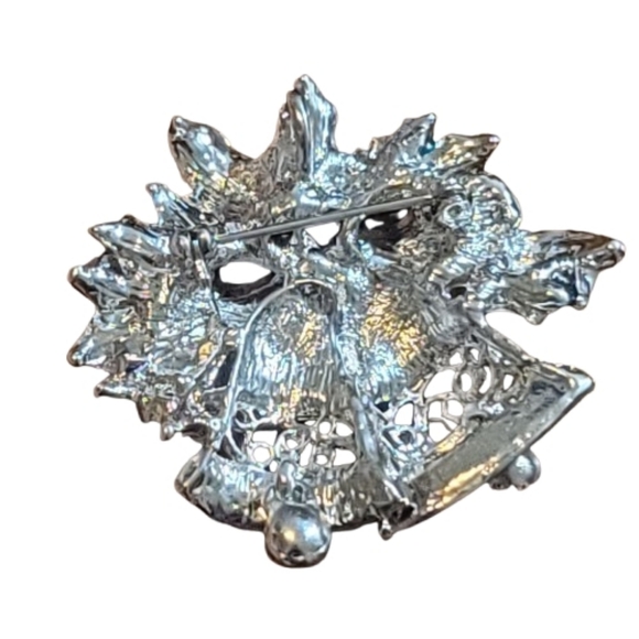 Vintage Avon Silver Tone Christmas Bells Enamel Red Rhinestone Brooch Pin 1980s - Picture 5 of 5